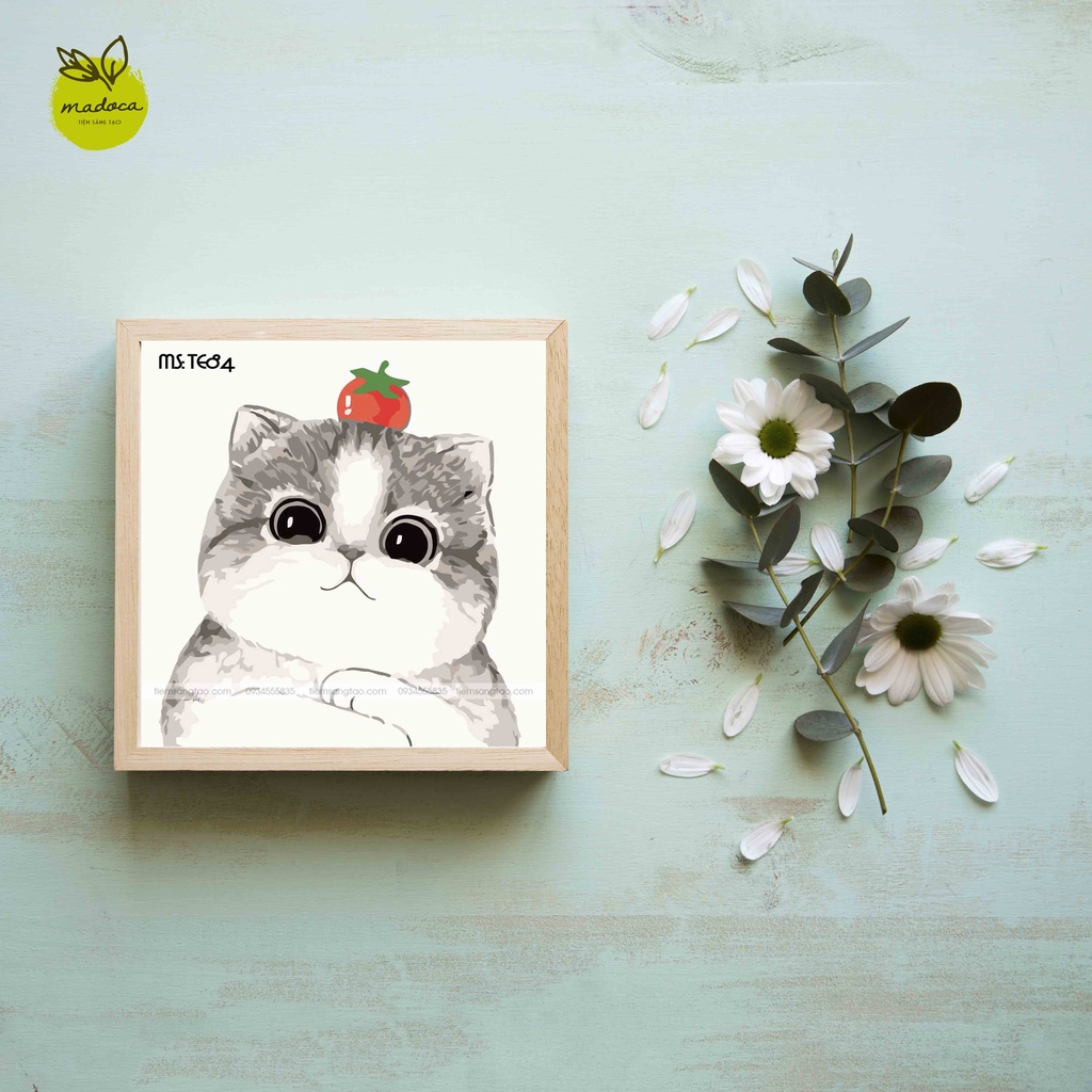 Tranh tô màu số hóa Madoca có khung 20x20cm mèo mập đáng yêu TE84
