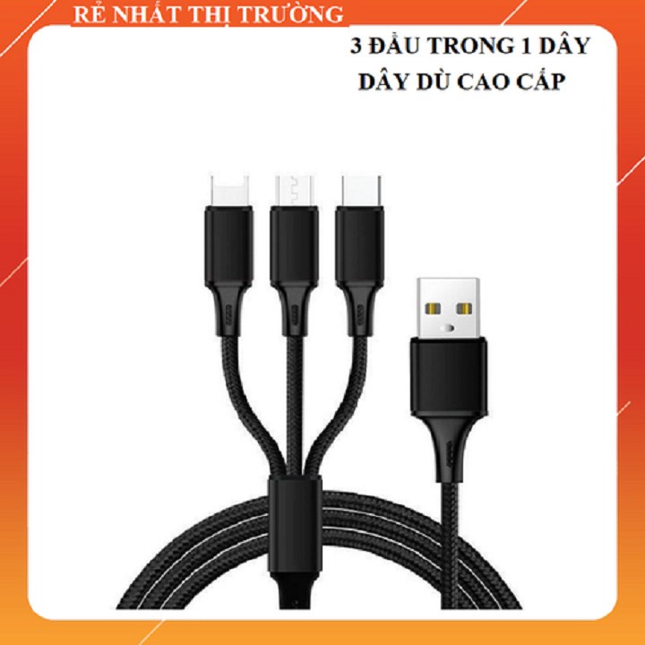 Cáp sạc dây điện thoại đa năng 3 đầu dài 1m Chân sạc TYPE-C USB Micro USB