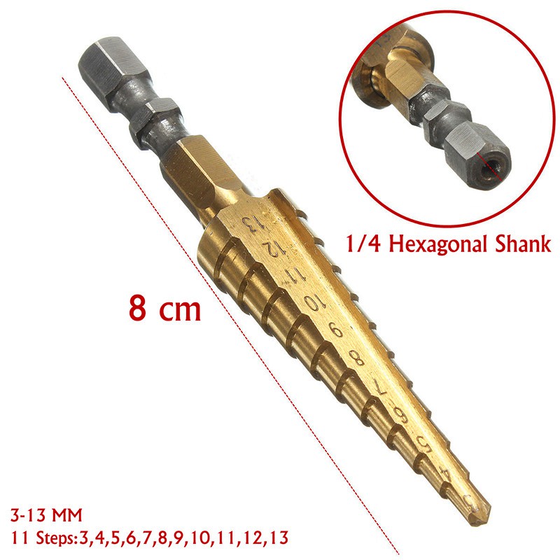 Mũi khoan bước mạ titan 3-13MM trục lục giác 1 / 4 &quot;