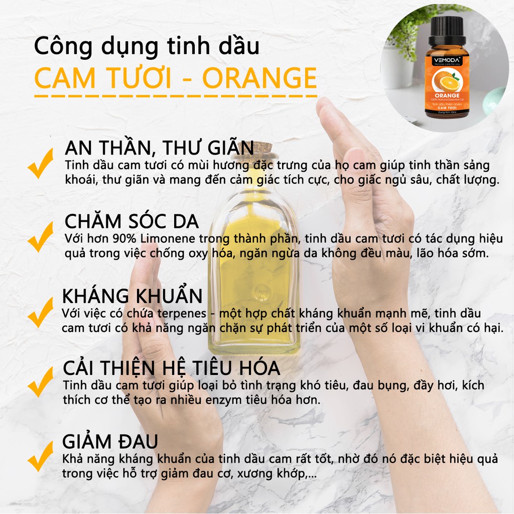 Tinh dầu xông phòng cao cấp Vemoda gồm: tinh dầu oải hương, tinh dầu cam tươi giúp kháng khuẩn, khử mùi, thơm phòng