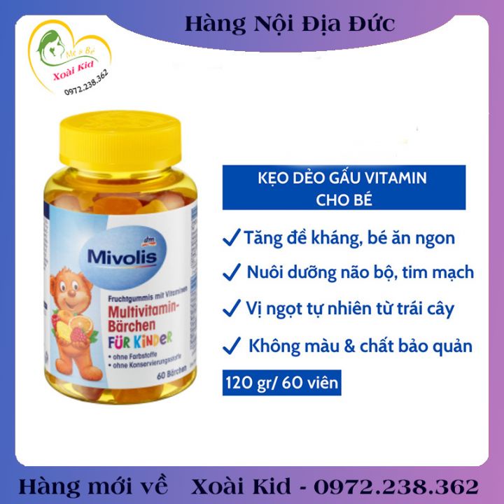 [auth] Kẹo Gấu Bổ Sung Vitamin Tổng Hợp Cho Trẻ Mivolis, Vị Trái Cây, 60 Viên - Nội Địa Đức Đủ Bill [Hot]