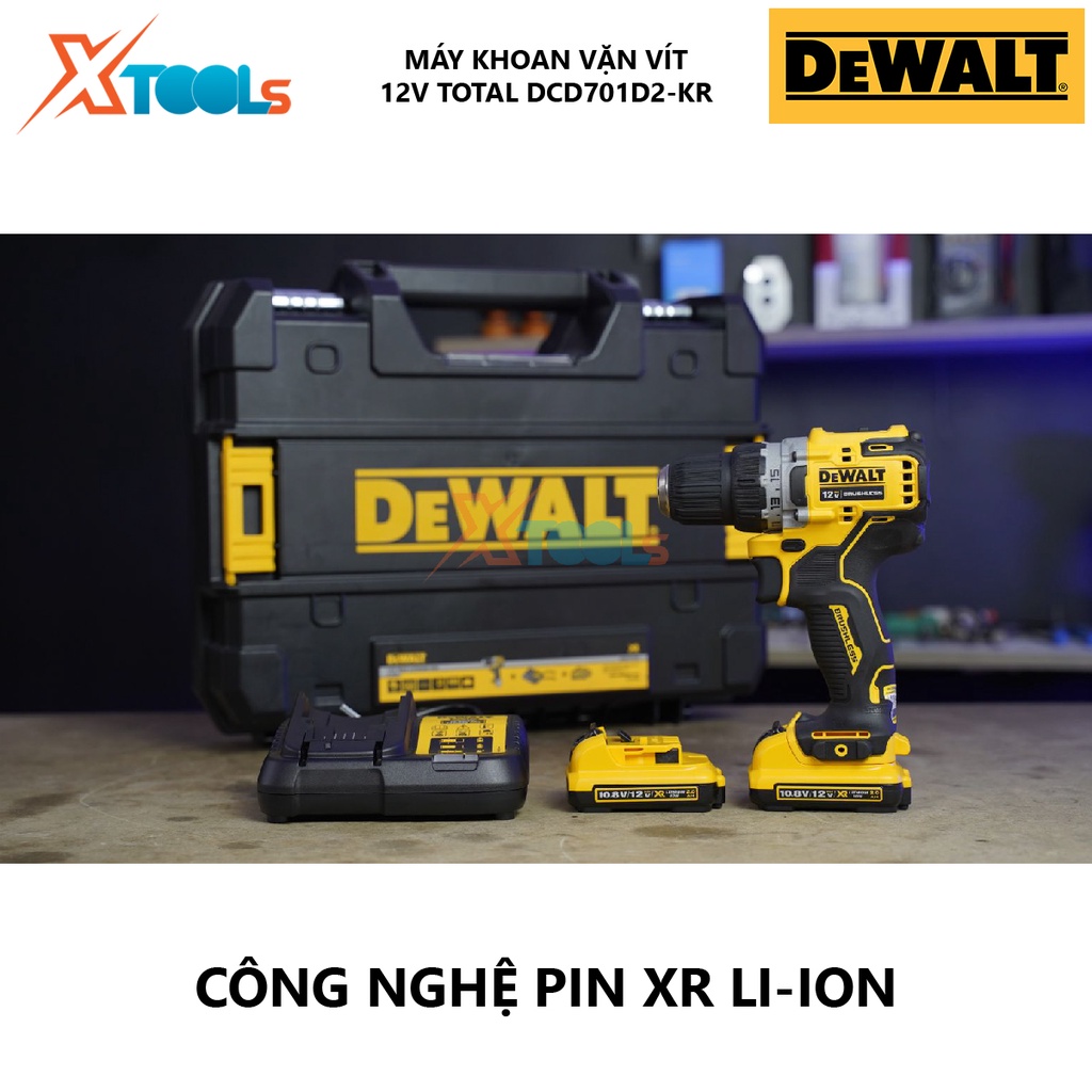 Máy vặn vít dùng pin DEWALT DCD701D2-KR Máy khoan cầm tay điện thế 12V Lực momen siết vít  57.5 Nm động cơ không than