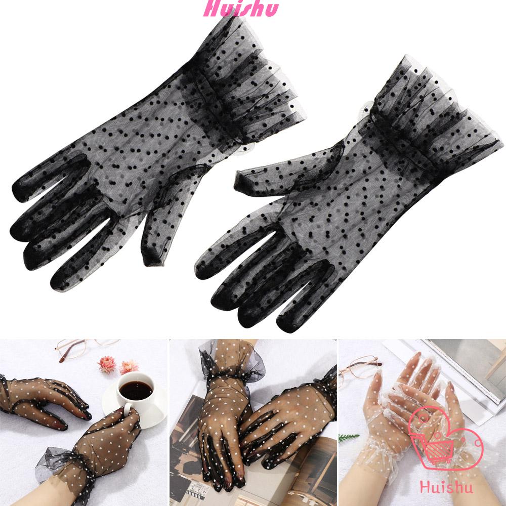 HS Women Mesh Mittens Sexy Dot Printing Tulle Gloves Lotus Leaf Elastic Sunscreen Transparentes Full Finger/Multicolor