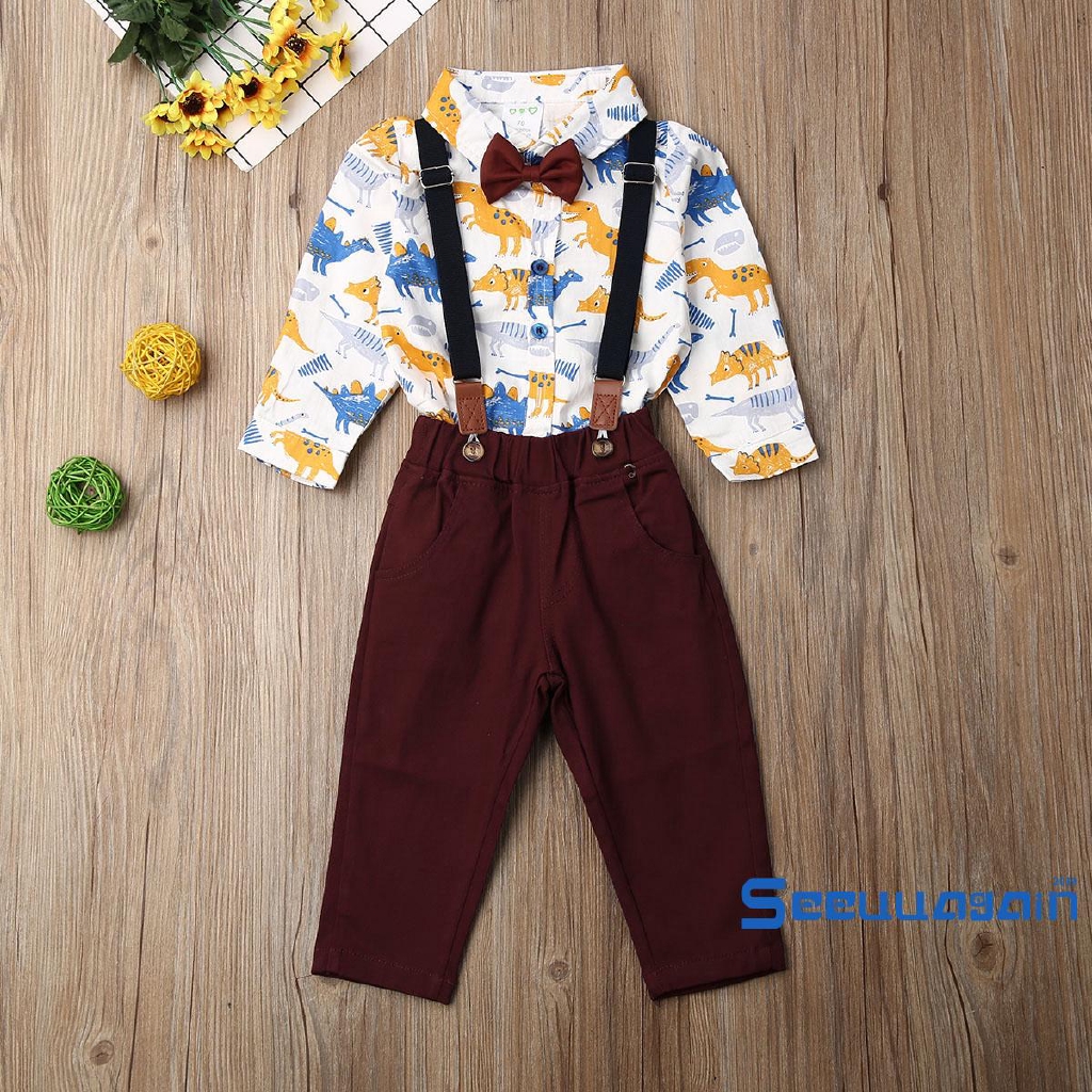 ❥☀✿SEEBaby Boy Cartoon Dinosaur Print Bowtie Romper and Strap Trousers Set Infant Long Sleeve Jumpsuit Bib Pants Two