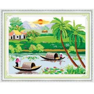 Tranh thêu chữ thập phong cảnh làng quê