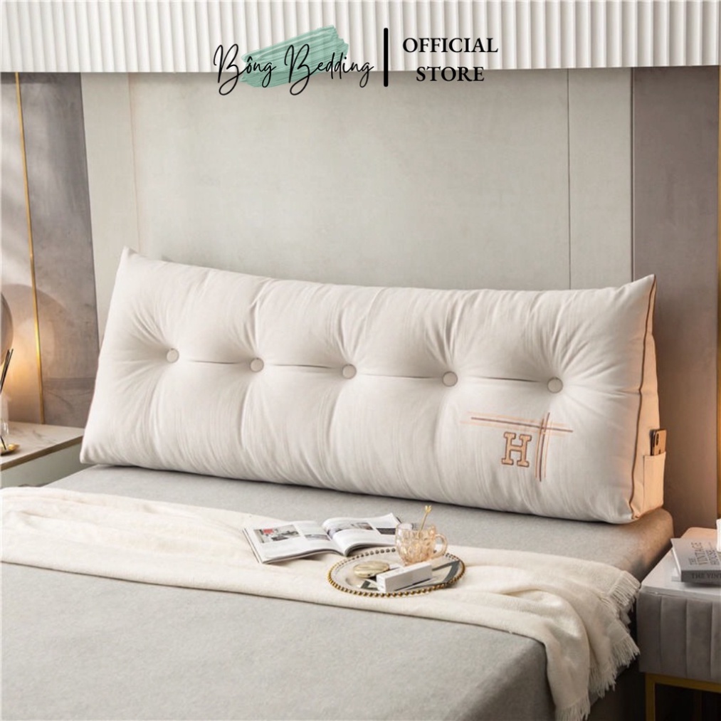 Gối Tựa Đầu Giường HIN BEDDING Hình Tam Giác Thêu Chữ H Đính Khuy Bọc Cao Cấp Có Sẵn 1m8 Và 1m5
