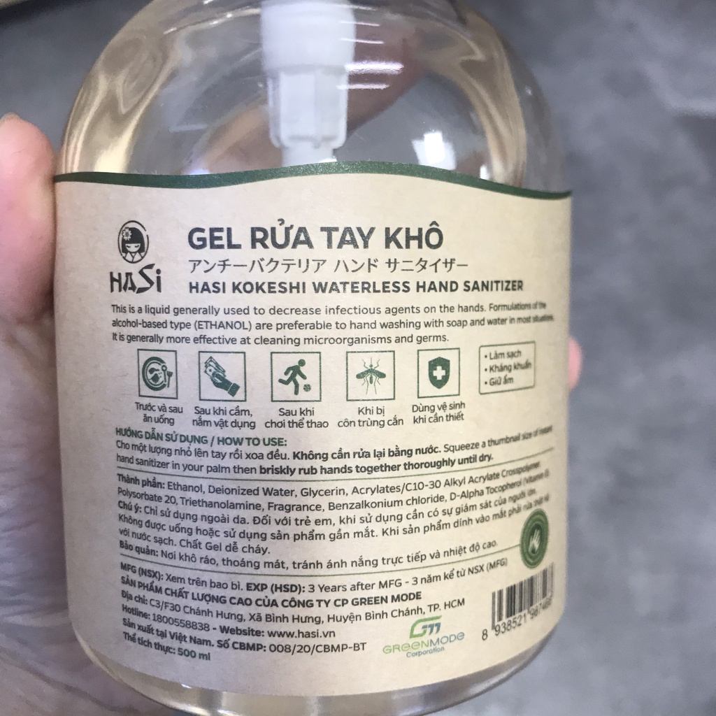 Nước rửa tay khô sát khuẩn HASI KOKESHI WATERLESS 500ml - gel rửa tay khô hương trái cây ,trà xanh