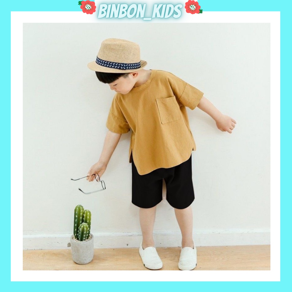 Bộ cộc tay bé trai Binbon kids, Quần áo bé trai chất đũi cực mát có túi ngực quần đùi cho bé từ 7-28kg