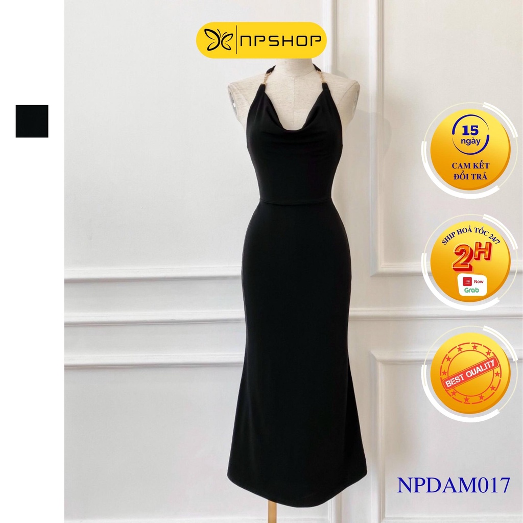 Đầm thun nữ ôm dài đuôi cá hở lưng, đầm yếm midi trễ ngực màu đen NPDAM017