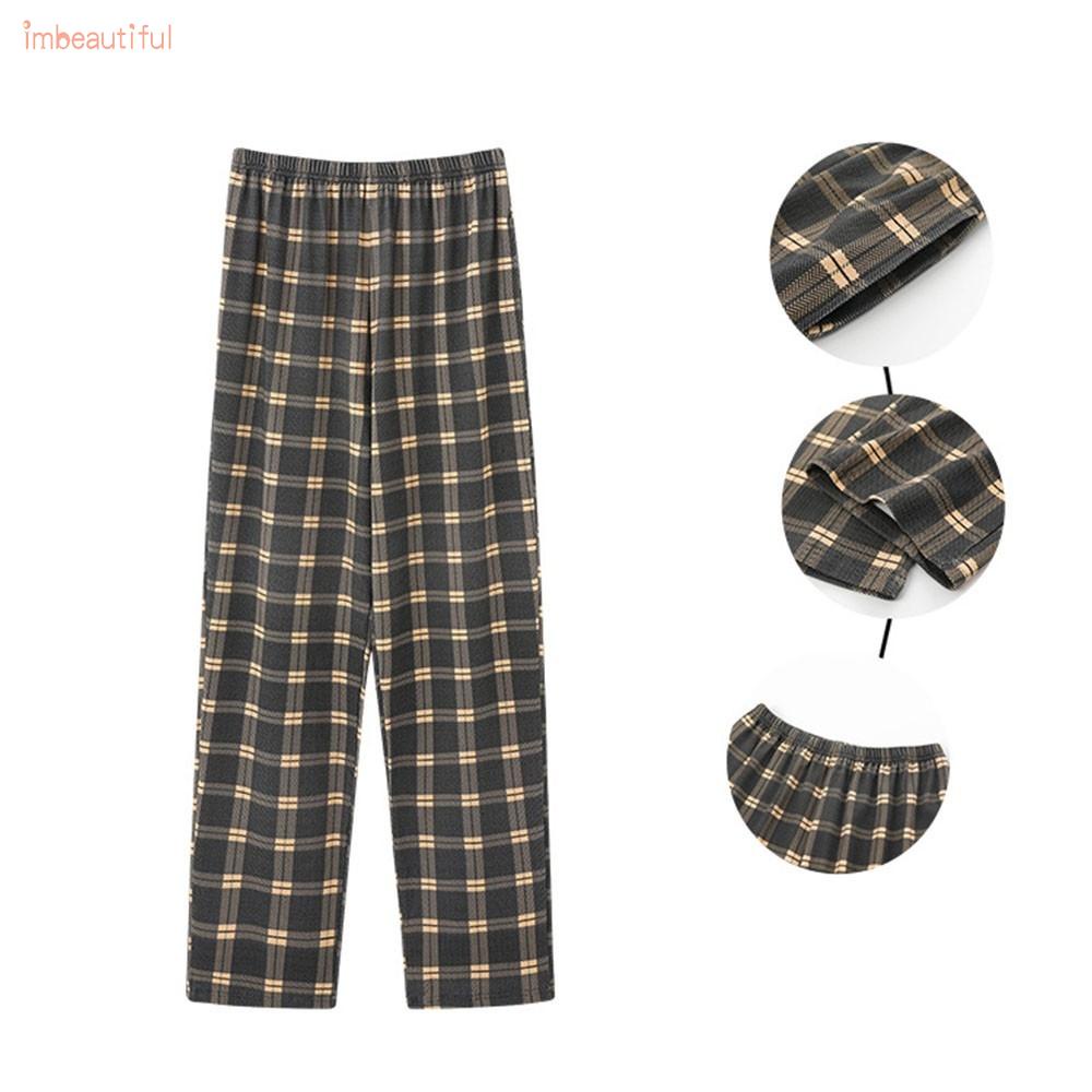 Quần dài mặc nhà vải cotton mỏng dáng rộng kẻ sọc ca rô thời trang mùa thu cho nam