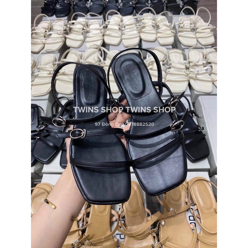 Giày sandal nữ 2 quai ngang phối 2 dây ôm cổ chân da mềm, đế dẻo 2 màu Trắng + Đen siêu xinh