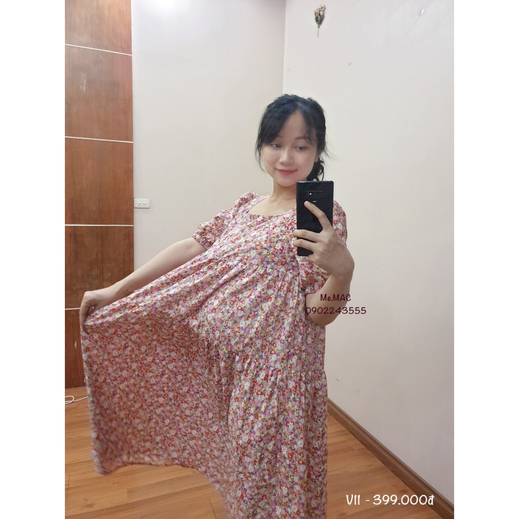 🌹XẢ🌻Váy Bầu & Sau Sinh hoa nhí 3 MÀU hot hit có khoá kéo cho con ti, cổ vuông sang chảnh đàm xuông big size