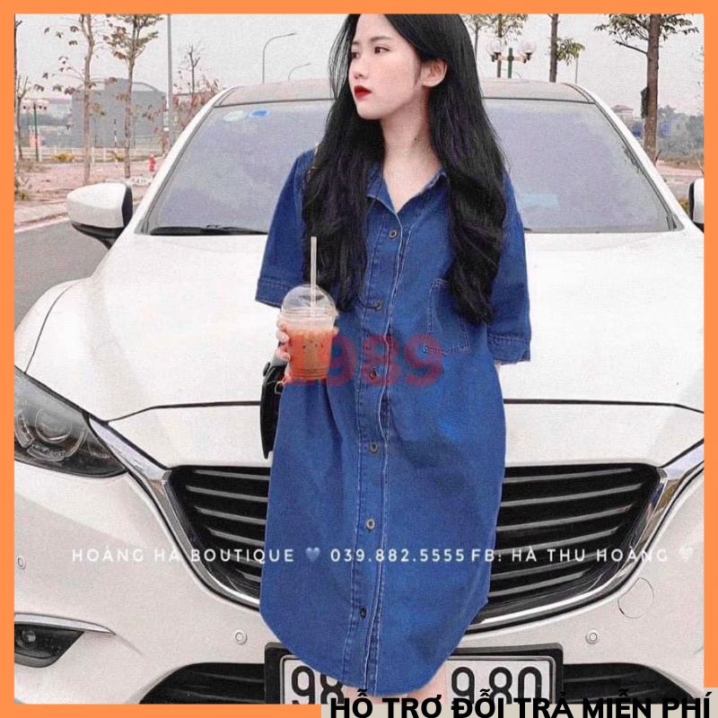 Váy đầm sơ mi jean ngắn tay cổ đức phối túi ngực vạt bầu dáng suông chất bò dày dặn phong cách hàn quốc ULZZANG MÂY_1989