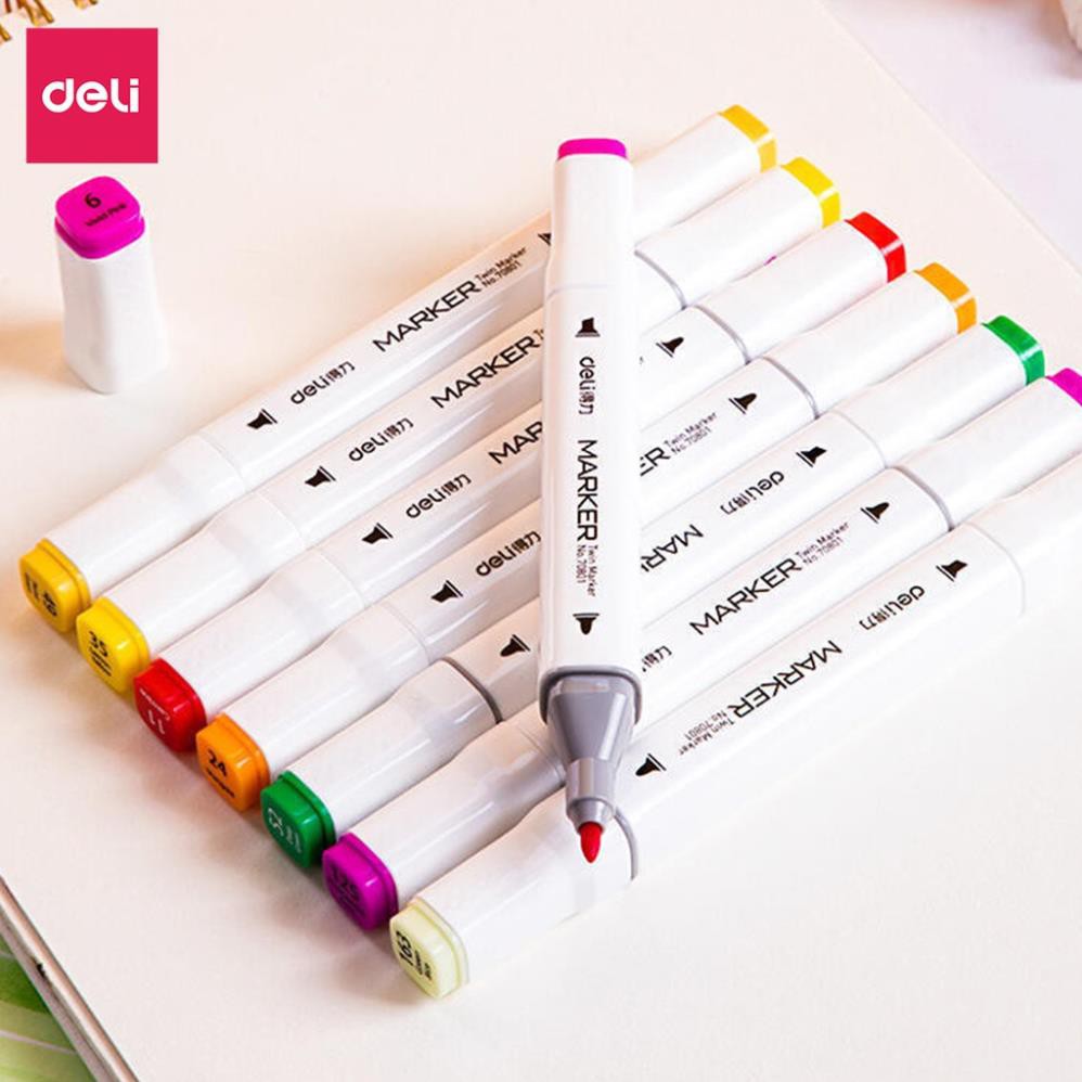 Bút màu dạ marker hai đầu hộp nhựa nhiều màu sắc đa dạng cao cấp, an toàn Deli - 70801 - 12/24/36/48/60 màu