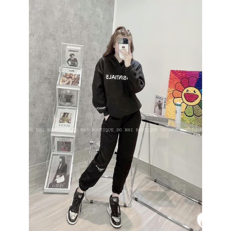 Set bộ nỉ mũ Essen dài tay  Set Áo Nỉ Mũ Kèm Quần Jogger Nữ In Hình 4 Màu