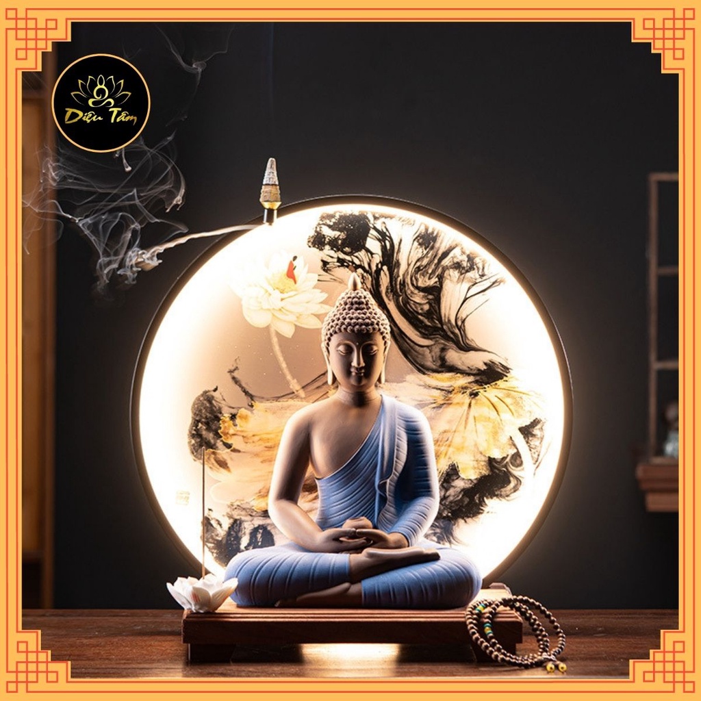 Thác khói trầm hương tượng phật A Di Đà có đèn led xông nụ trầm hương nhang không tăm đồ thờ cúng trang trí bàn trà
