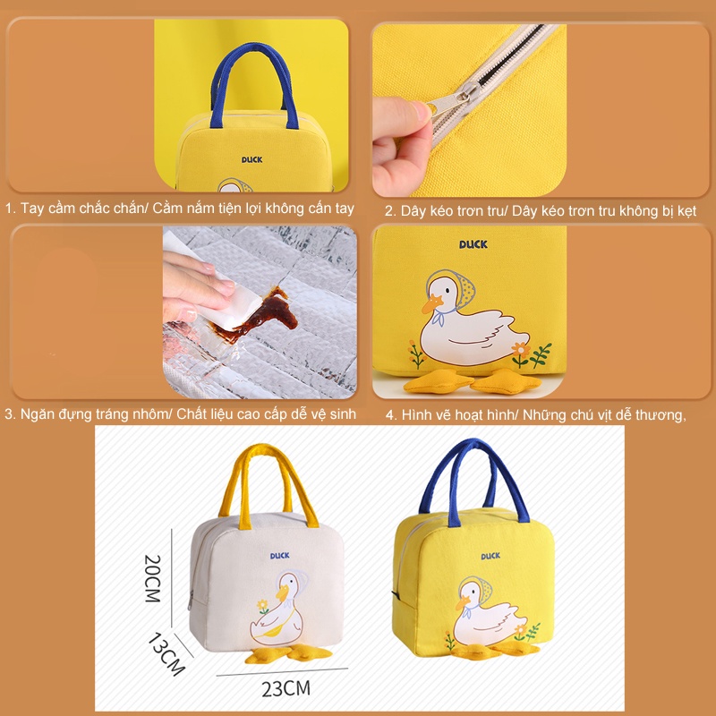 Túi Đựng Cơm Giữ Nhiệt, Giỏ Đựng Cơm Văn Phòng Giữ Nhiệt Cao Cấp Họa Tiết Chú Vịt Siêu Đáng Yêu