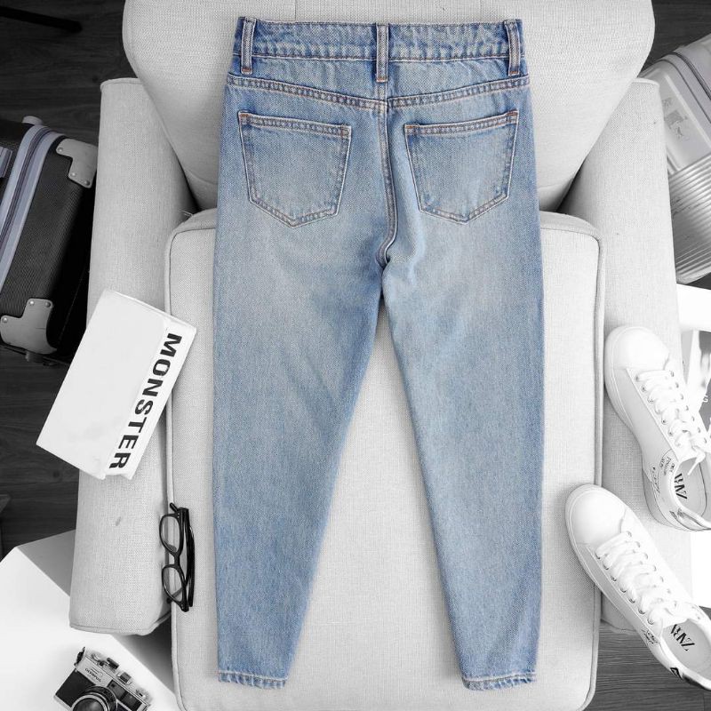 Quần Mom Jeans Nữ Lưng Cao Xanh Wash Đùi M-02E