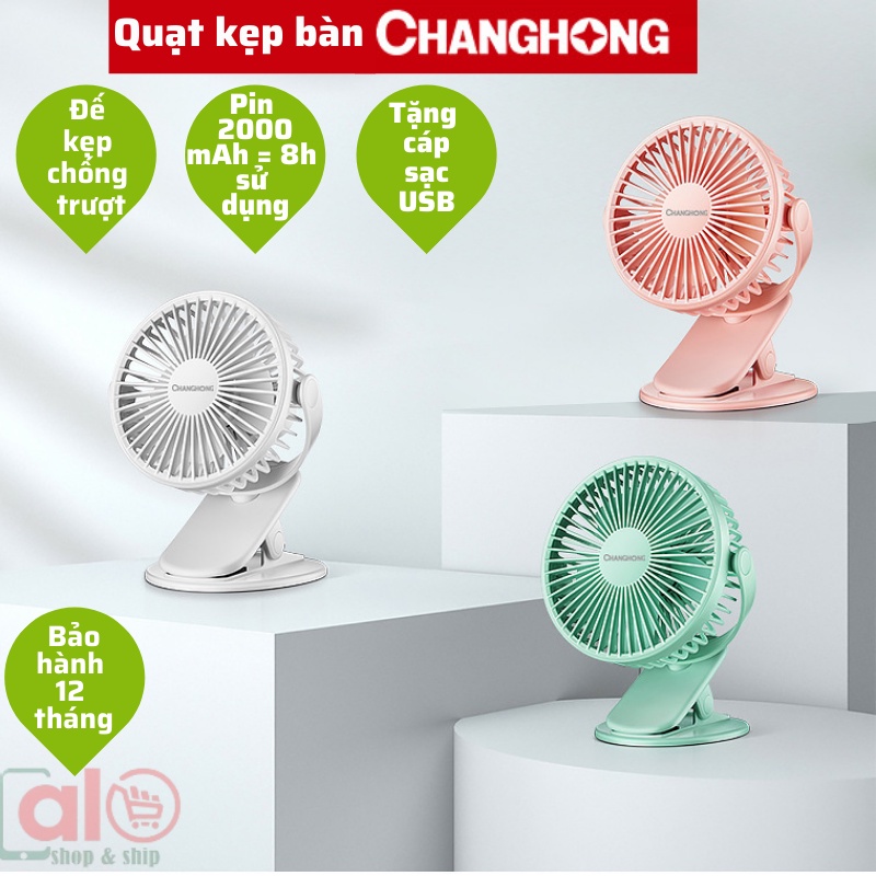 Quạt Kẹp Bàn Hoặc Xe Đẩy Quạt Mini Tích Điện Cầm Tay Changhong Để Bàn Treo Tường Pin Siêu Bền 8h
