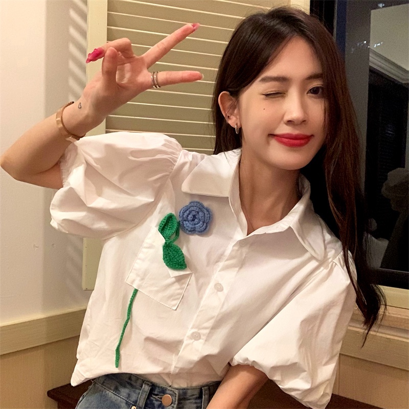 Áo Sơ Mi Tay Ngắn Phồng Họa Tiết Hoa Thời Trang Pháp Hàng Mới Cho Nữ