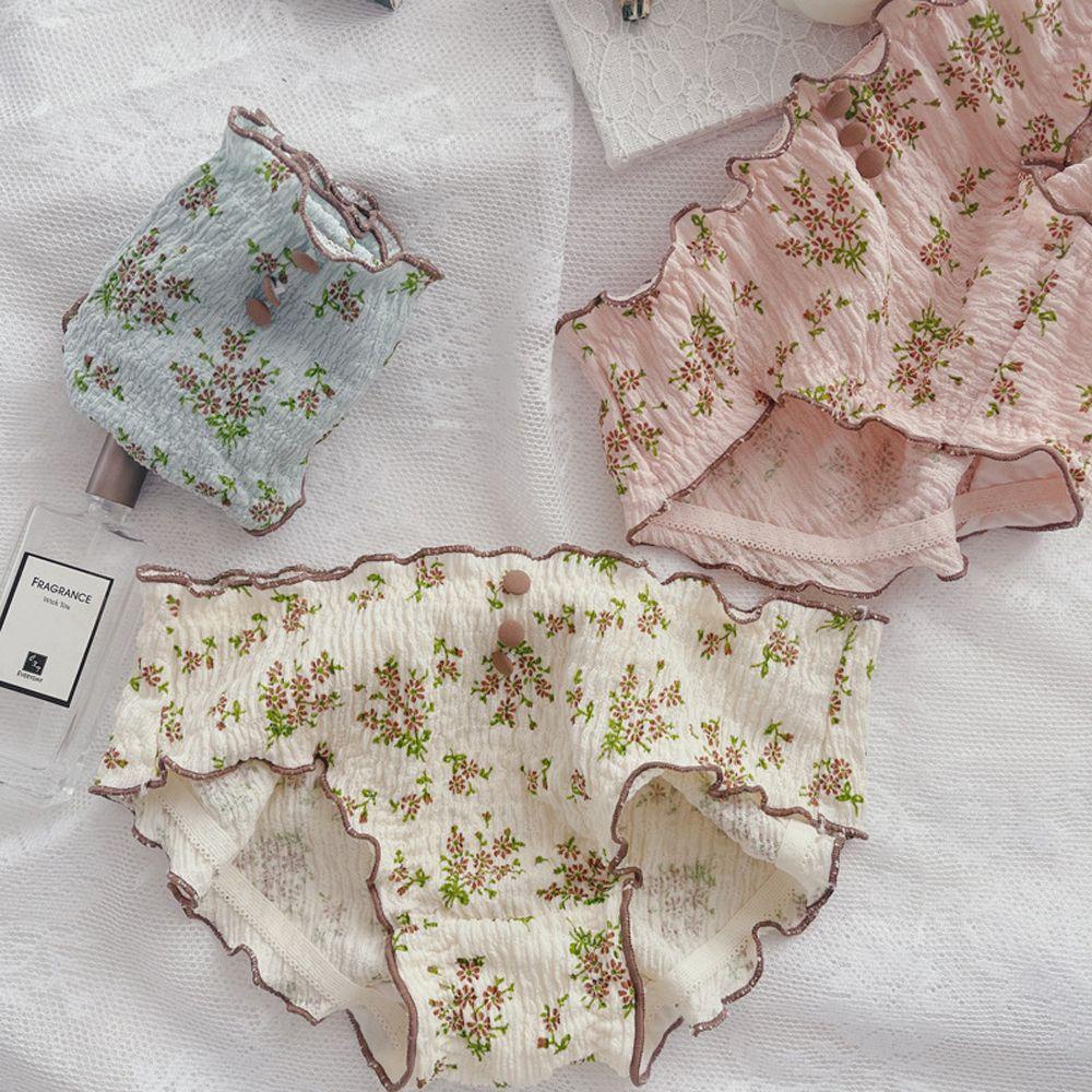 OCEANMAP Quần Lót Cotton Phối Ren Hoa Nhún Bèo Phong Cách Lolita Ngọt Ngào Thanh Lịch Cho Nữ