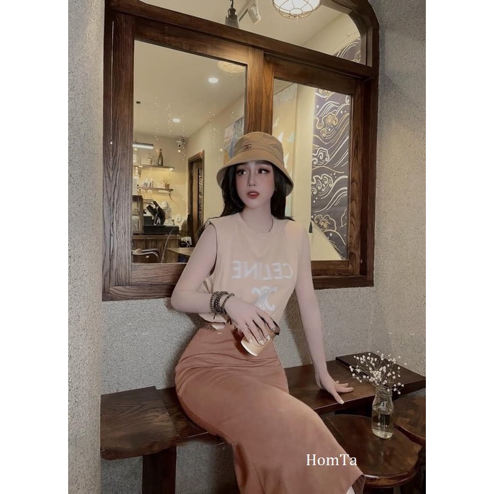 Set Áo Kèm Chân Váy In Chữ Ce line Kèm Hình Thật