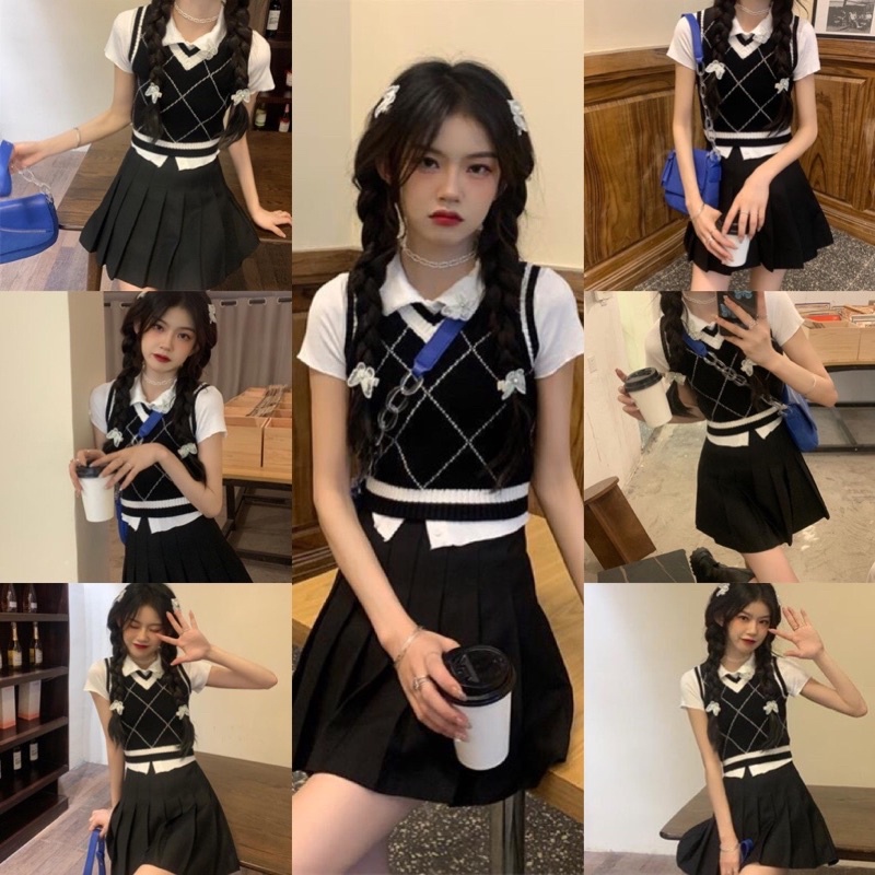 Áo Gile Len Cộc Tay Dáng Croptop Form Ôm Kẻ Vuông Nữ