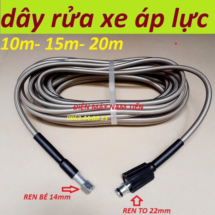 Dây Rửa Xe 10m,15m.20m Cho Máy Bơm Xịt Rửa Áp Lực Cao - Ren nối sung 14mm