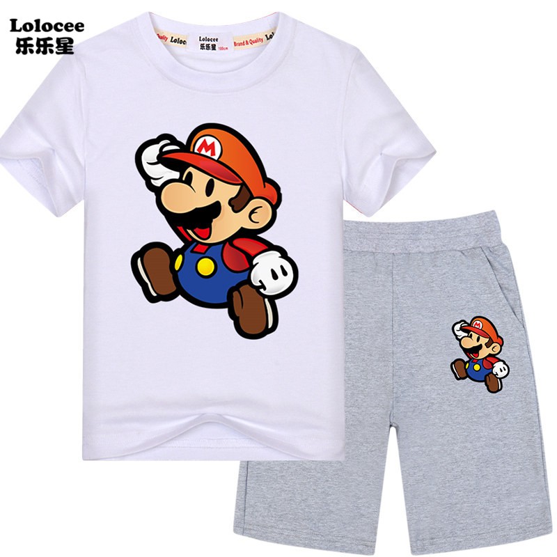 Bộ 2 Món Áo Thun Tay Ngắn &amp; Quần ngắn thể thao Short In Hình Super Mario Cho Bé Trai