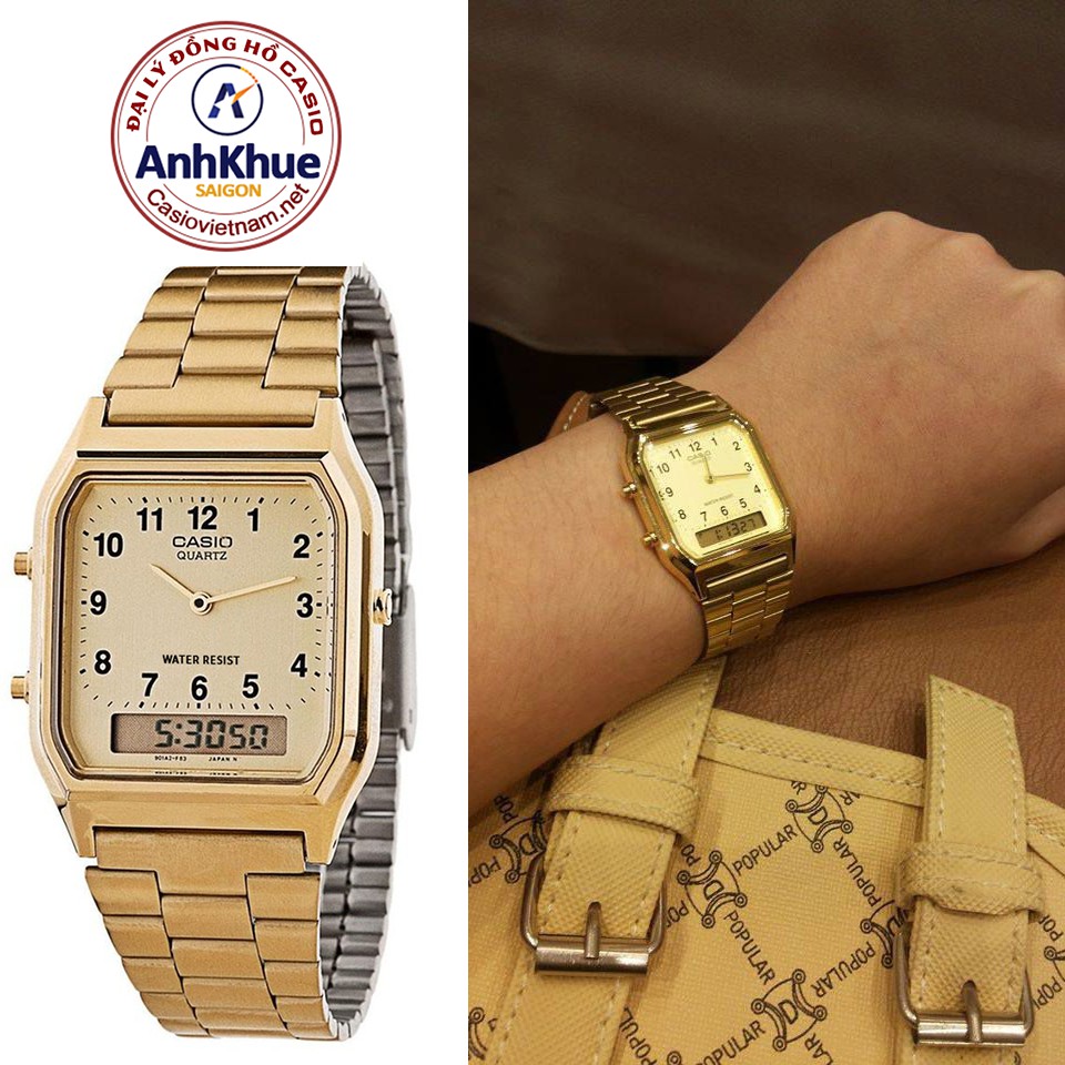 Đồng Hồ Casio Unisex - Nam - Nữ Vintage - AQ-230GA-9B - Điện Tử - Dây Kim Loại Mạ Vàng