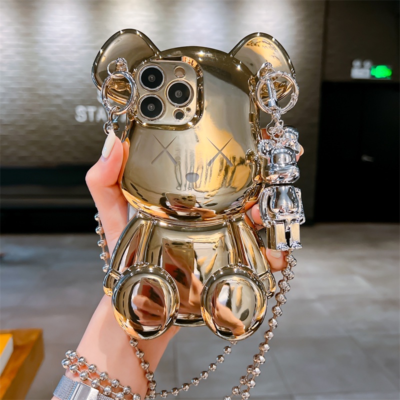 Ốp Điện Thoại Mạ Bạc Hình Gấu 3D Sang Trọng Có Dây Đeo Cho IPhone 13 Pro Max 14 Plus 11 11 12 Pro Max