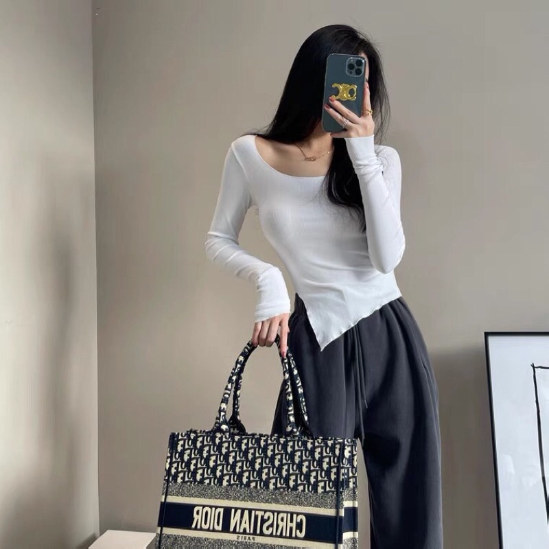áo len tăm DÀI tay cổ bèo xẻ tà chéo SƯỜN EO