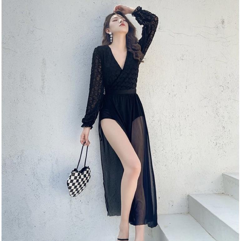 Bộ bơi bikini dài tay kèm chân váy voan mã L93 dành cho bạn nữ bạn gái đi biển mùa hè 2022 màu đen *