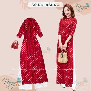 Áo dài đỏ đô chấm bi - Áo dài truyền thống may sẵn cổ vuông tay lỡ Lụa đẹp