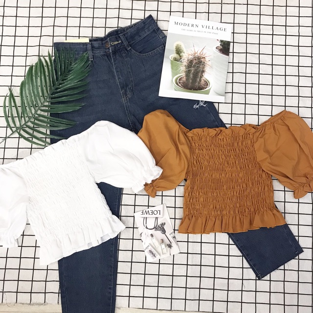 Áo croptop nhún trắng, đen, nâu