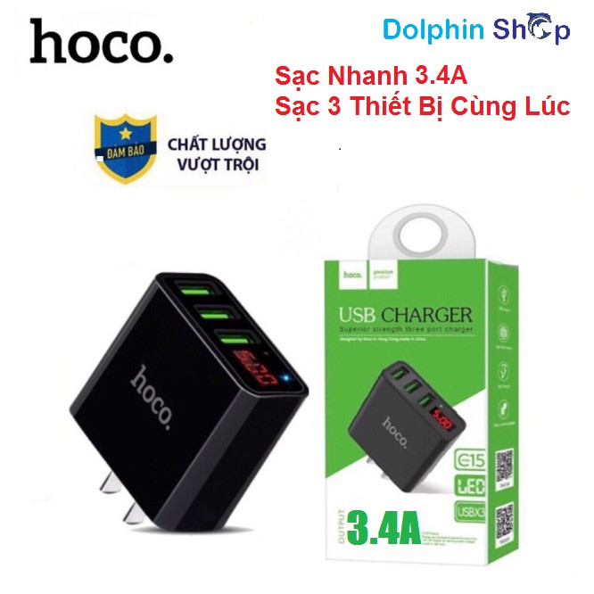 [Bản Nâng Cấp 3.4A] Cốc Sạc Nhanh 3 Cổng Hoco C15 3.4A Có Màn Hình LCD Hiển Thị Điện Áp- Củ Sạc Nhanh Hôc 3.4A