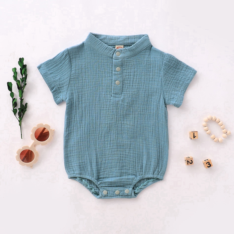 Áo liền quần vải lanh cotton tay ngắn màu trơn thời trang dành cho bé trai sơ sinh