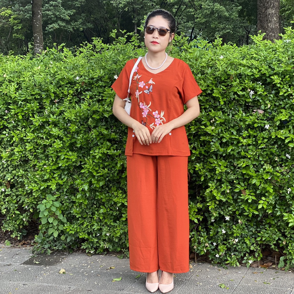 [Chỉ giảm giá hôm nay] Đồ Bộ Trung Niên Ống Rộng Dài Thêu cao cấp
