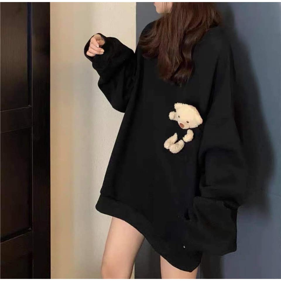 Áo Thun Da Cá TEDDY BEAR Nữ ♥ Phông dài tay oversize dáng rộng phối túi gấu màu ĐEN | TRẮNG | TÍM Ulzzang ♥