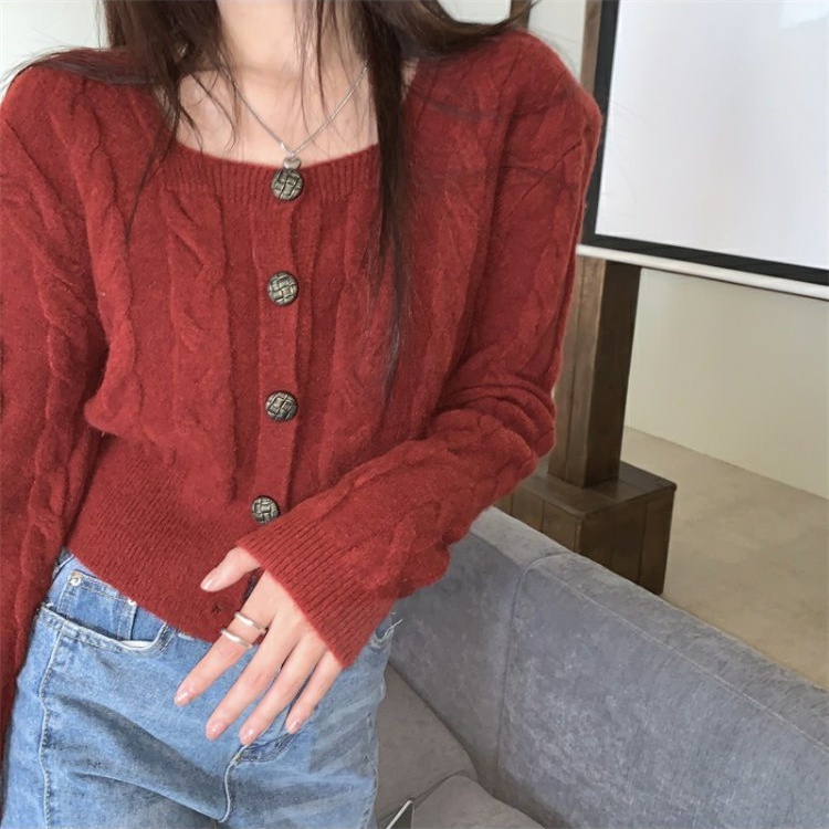 Áo Khoác Cardigan Dệt Kim Dáng Rộng Màu Đỏ Phong Cách Cổ Điển Mừng Năm Mới