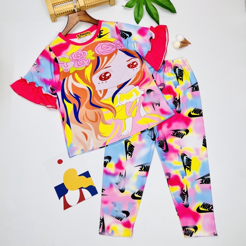 Đồ bộ bé gái size đại vải 3D thun lạnh áo tay ngắn quần dài phối sọc cầu vồng J474