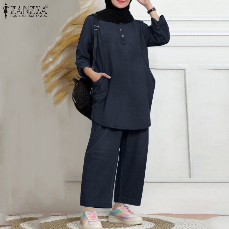Zanzea Set Áo Denim Tay 3 / 4 + Quần Dài Ống Rộng Thời Trang Nữ