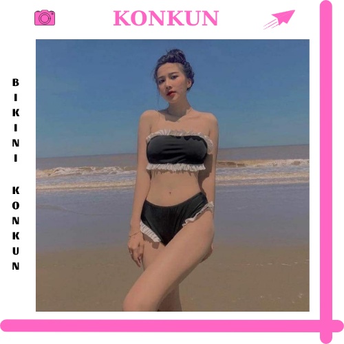 Bikini đồ bơi 2 mảnh màu đen phối bèo trắng dễ thương KONKUN MS27