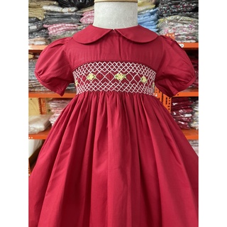 Đầm smock đỏ hoa vàng cổ sen