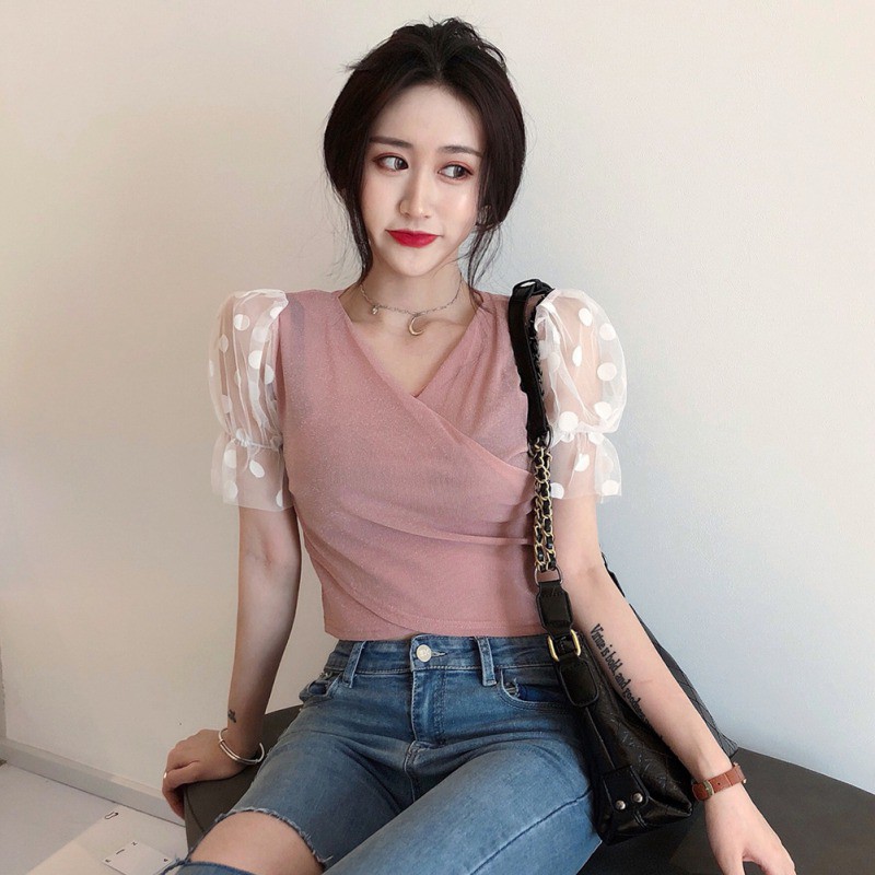 Women Sexy Sling Strapless V Collar Mesh Stitching Short Sleeve Blouse | BigBuy360 - bigbuy360.vn