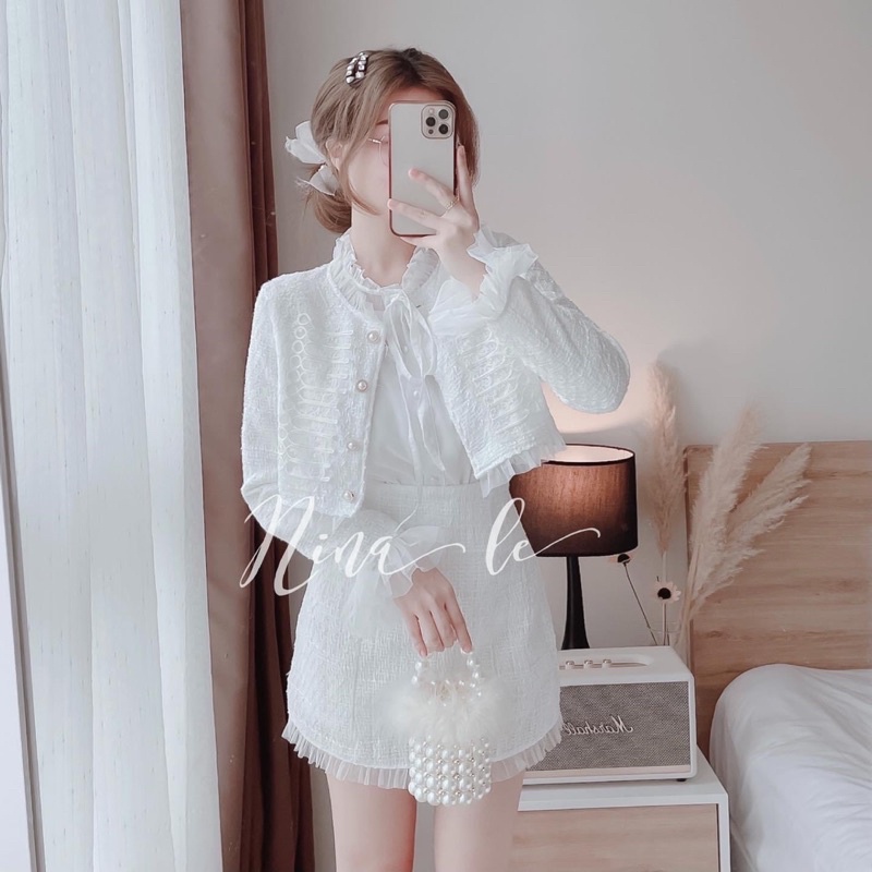 SET 3 MÓN BỐ: KHOÁC NGOÀI VIỀN CỔ TAY VOAN+ SƠ MI TRẮNG CỔ BÈO + CHÂN VÁY