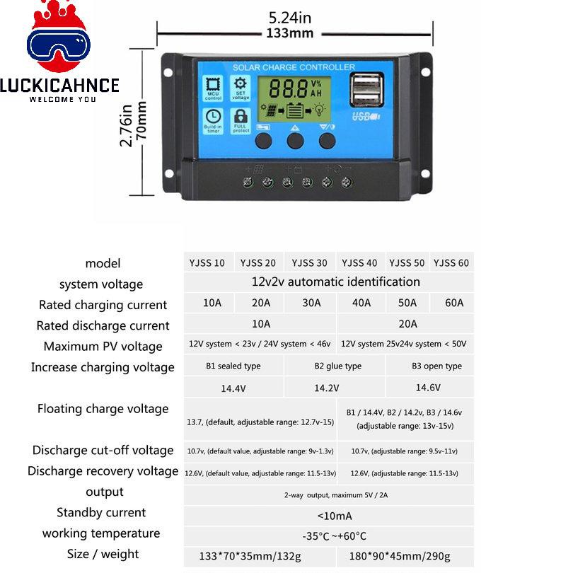 Bộ Điều Khiển Sạc Năng Lượng Mặt Trời 60a 50a 40a 30a 20a 10a 12v 24v Lcd