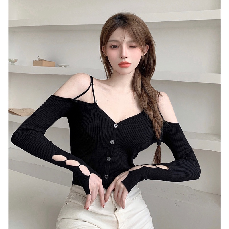 QKOOLE  Áo croptop dệt kim trễ vai cổ V phong cách Hàn Quốc gợi cảm thời trang cho nữ