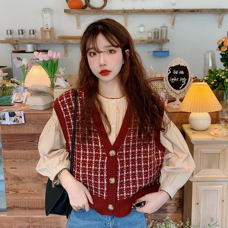 One set Áo Sơ Mi Tay Dài + Áo Len Không Tay Phong Cách Hàn Quốc Cho Nữ
