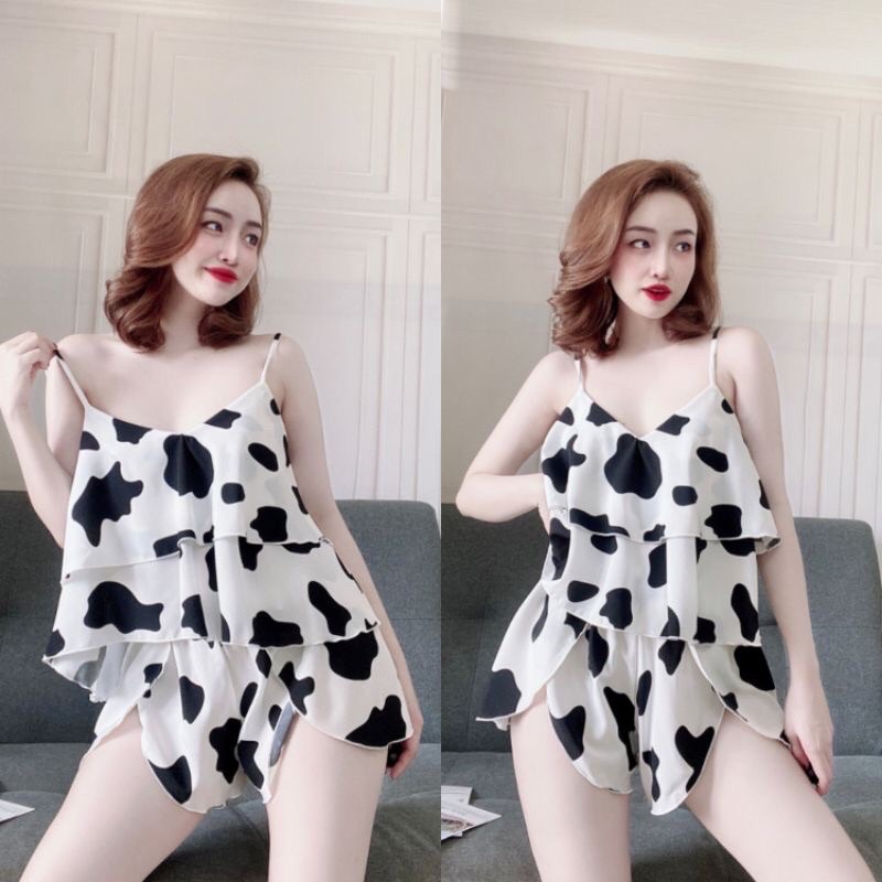 Bộ ngủ Bò Sữa sexy 2 tầng 2 dây có tăng đơ điều chỉnh chất thun lạnh siêu mát 50-64kg